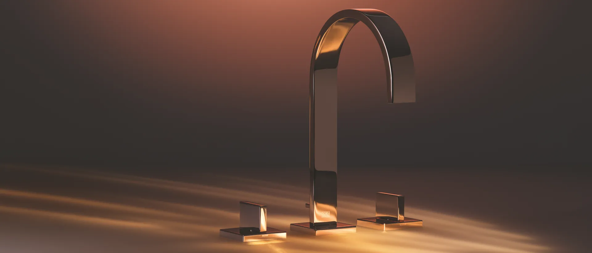 Modern faucet with an elegant design in metallic finish, illuminated with a warm tone against a dark background, highlighting its sophisticated style